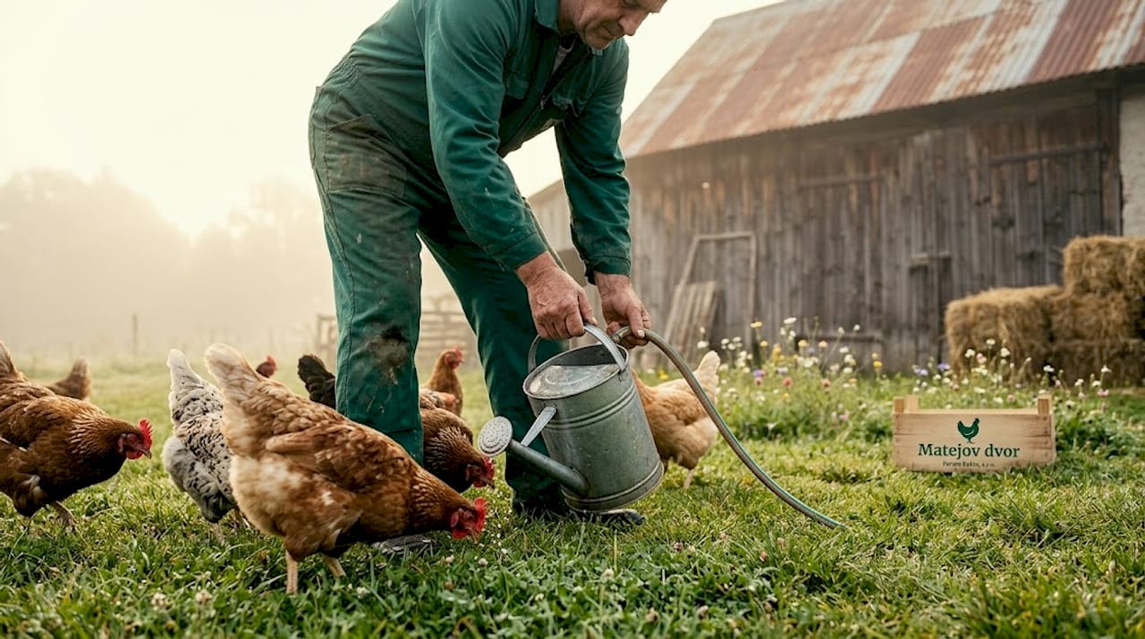 Gazda sa stará o sliepky, ktoré sa voľne prechádzajú po dvore.