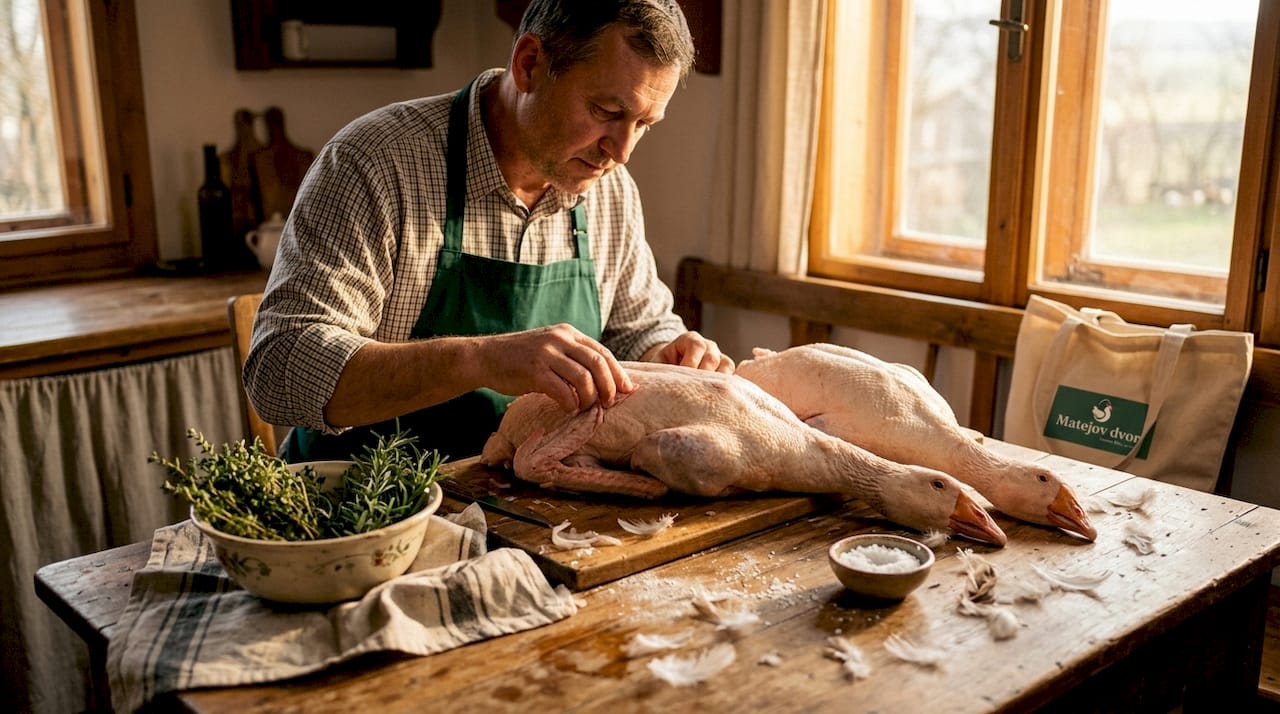 Šikovný domáci kuchár si pripravuje celú hus priamo na kuchynskej linke.