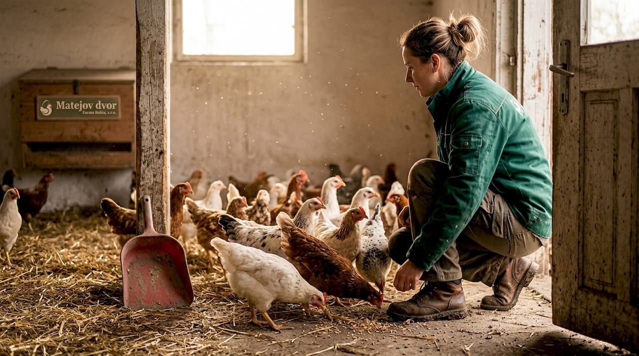 Pracovník na farme otvára dvere do maštale, kde sa už zbiehajú mladé sliepky.