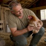 Slovenský farmár si vo voliére pozorne prezerá sliepku, ktorá práve preperuje.
