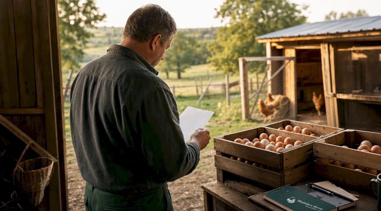 Farmár si vonku kontroluje dodávku živých kuriat.