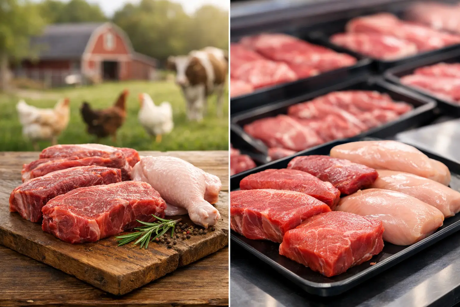 Rozdiel farmárske a obchodné mäso