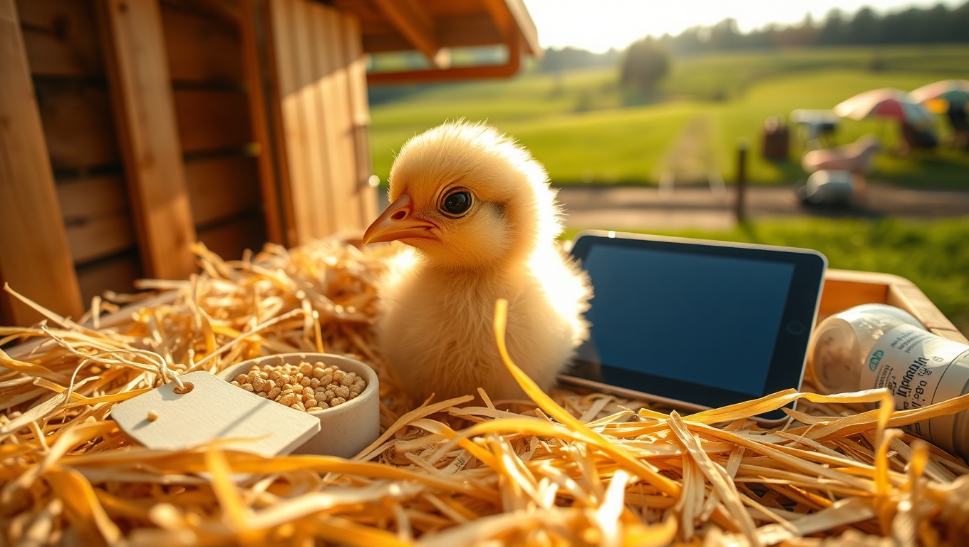 Jeden nadýchaný žltý kuriatko v slame, s granulkami na zobáku, v pozadí slnečný kurník a trávnaté pasienky, sliepky mladky na predaj.