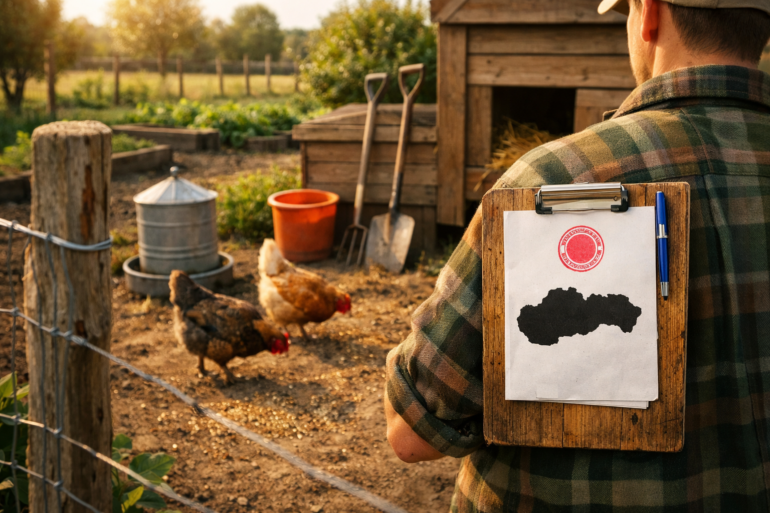 Začiatočník farmár s clipboardom v slnečnej záhrade chov sliepok pre začiatočníkov, s kurčatami a záhonmi v pozadí.